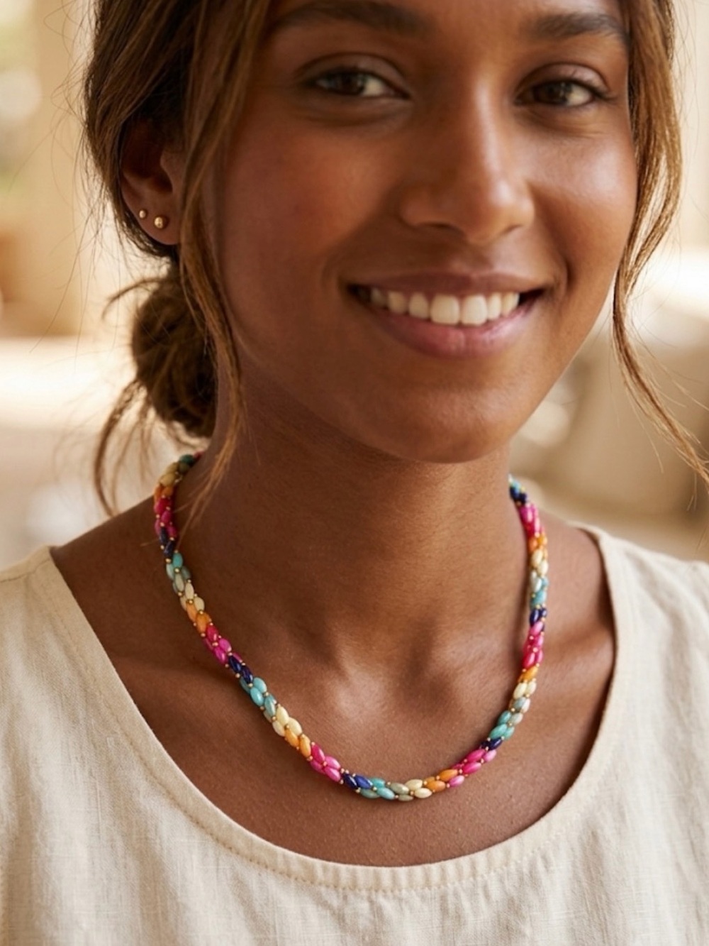 Vintage Rainbow Dyed Mother of Pearl Rice Bead Necklace